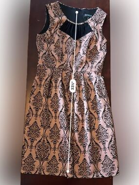 Enfocus Studio Blush and Black Damask Fit-and-Flare Dress
